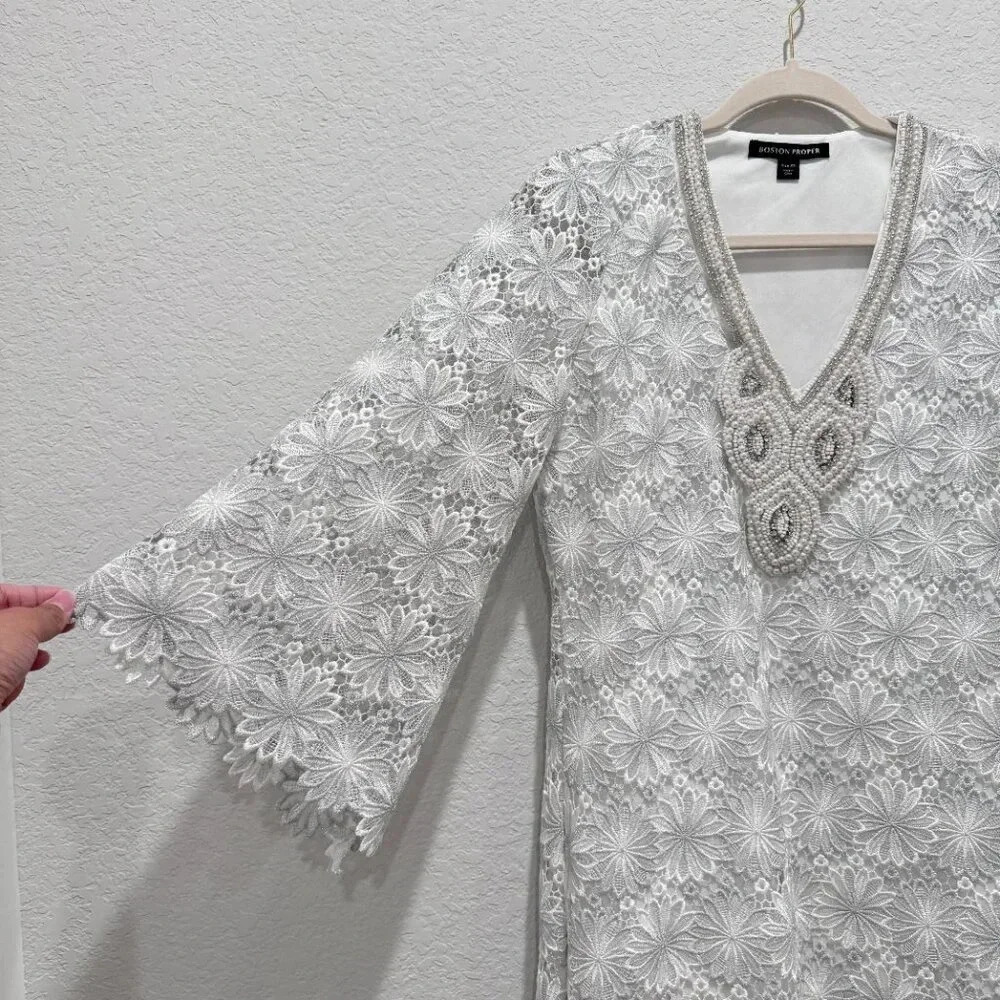 Boston Proper Embellished Metallic Floral Lace Tunic Dress White/Silver Size XS - Picture 8 of 16